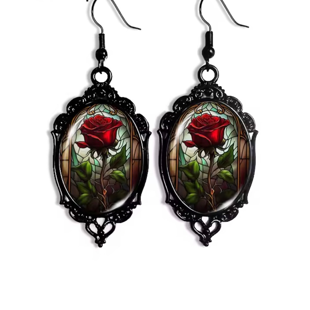 Vintage-Inspired Red Rose Stained Glass Drop Earrings